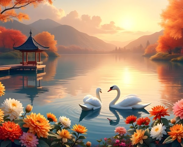 Autumn Lake Scene with Swans and Gazebo
