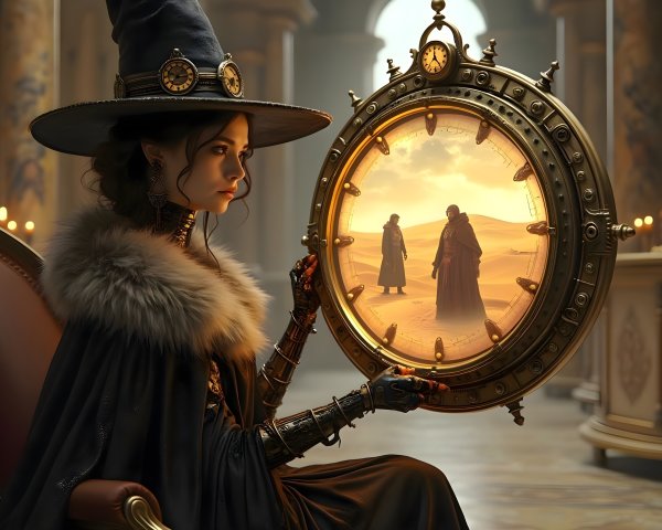Mysterious figure in cloak with reflective mirror in setting