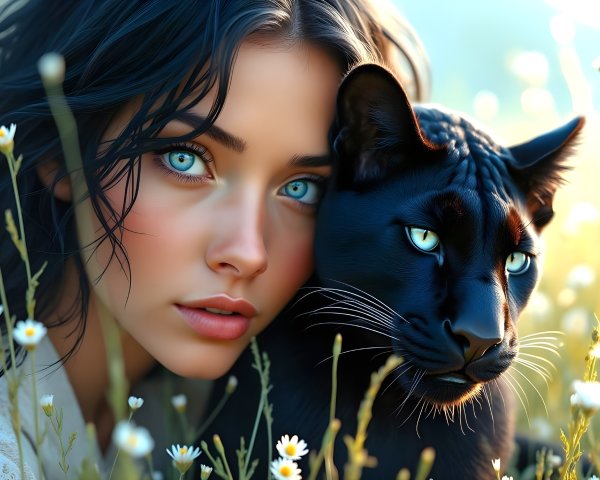 Young Woman and Black Panther in Serene Daisies Scene