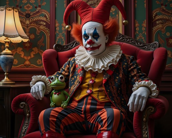 Whimsical Clown in Ornate Armchair with Frog Toy