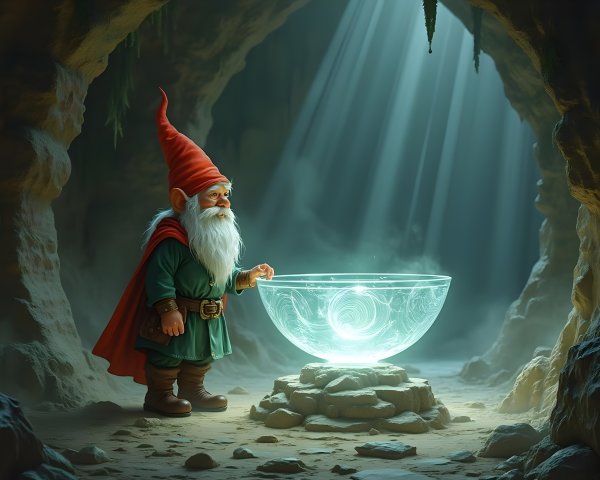 Whimsical Gnome in Mystical Cave with Shimmering Light