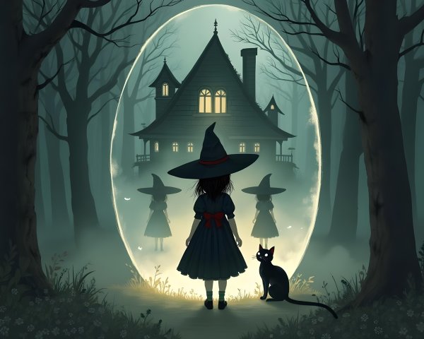 Girl in Dark Dress by Enchanted Portal in Forest