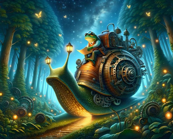 Whimsical Forest with Mechanized Snail and Explorer