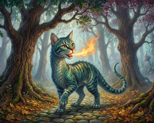 Dragon-Cat Hybrid in Enchanted Forest Setting