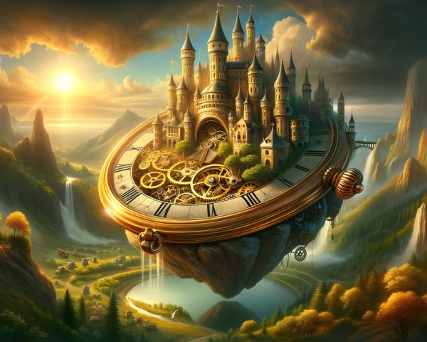 Majestic Castle on a Golden Clock in a Fantasy Landscape