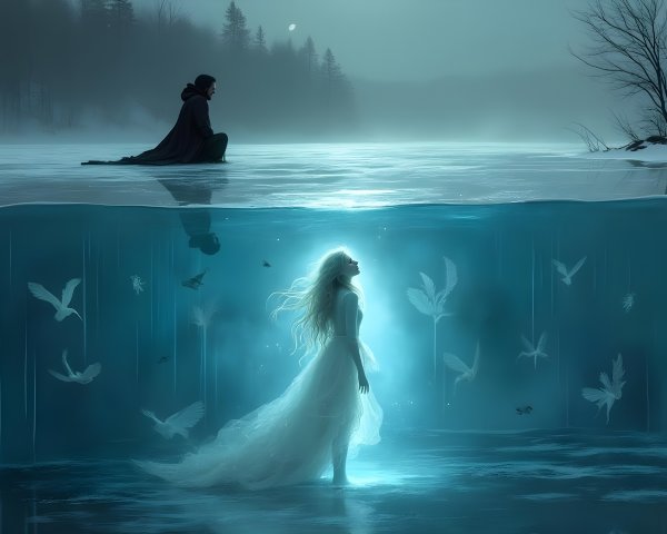 Cloaked Figure Observes Mystical Underwater Scene