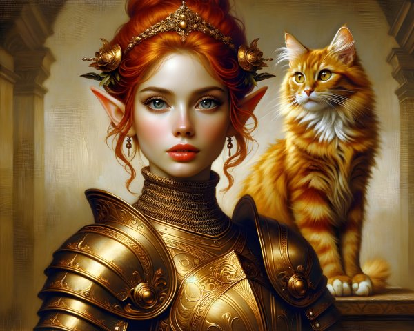 Elf Warrior with Red Hair and Golden Armor in Fantasy Setting