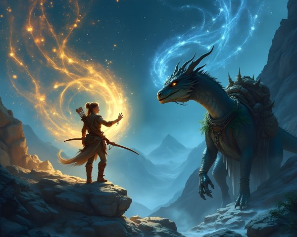 Archer Confronts Majestic Dragon in Mystical Landscape