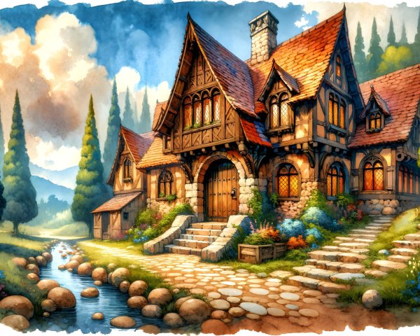 Fairy-tale cottage in a lush landscape with details