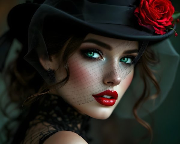 Portrait of a Woman with Green Eyes and Red Lips