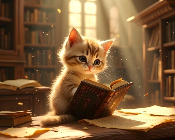 Cozy library scene with a curious kitten and books