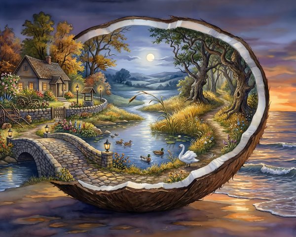 Coconut Shell Beach Scene with Village and River Details