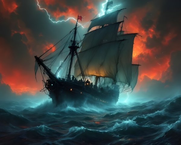 Ghostly Ship in Stormy Seas with Lightning and Shadows
