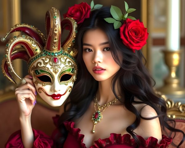 Young woman in red gown with ornate gold mask