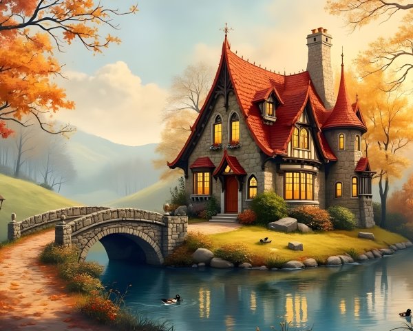 Stone Cottage by River with Autumn Foliage and Bridge
