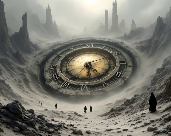 Ancient clock in misty landscape with stone spires