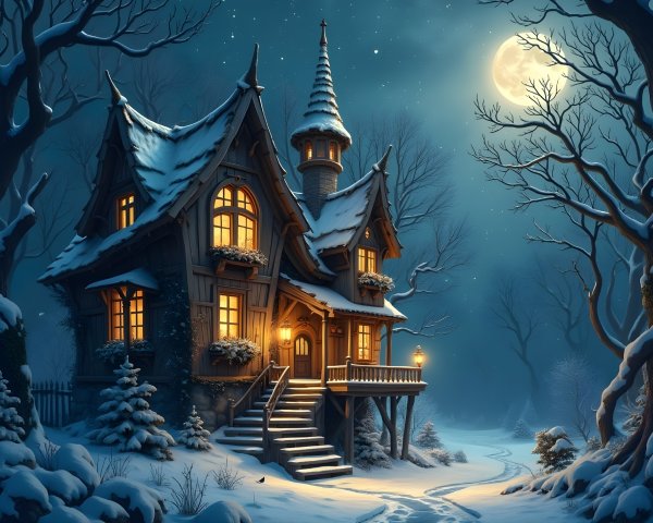 Snow-Covered House Under Full Moon in Winter Landscape
