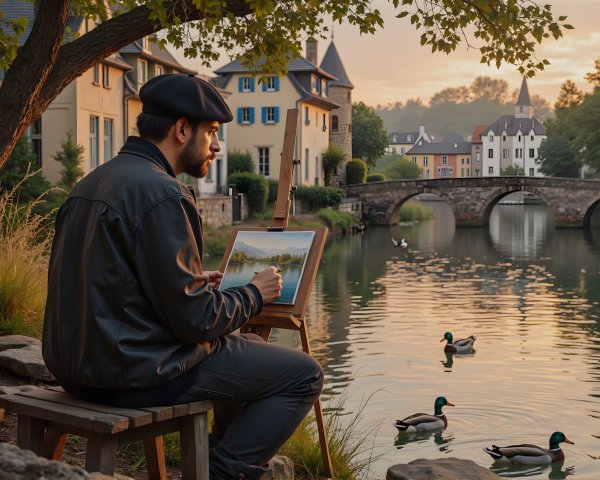 Man in Beret Painting Scenic River and Village