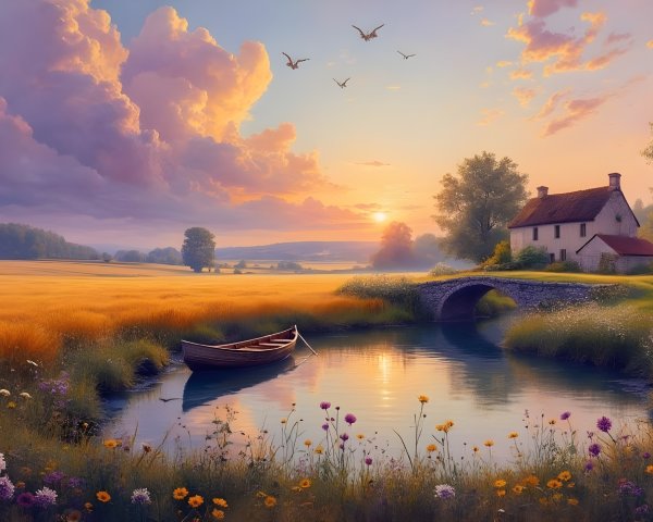 Serene Sunset Landscape with River and Cottage