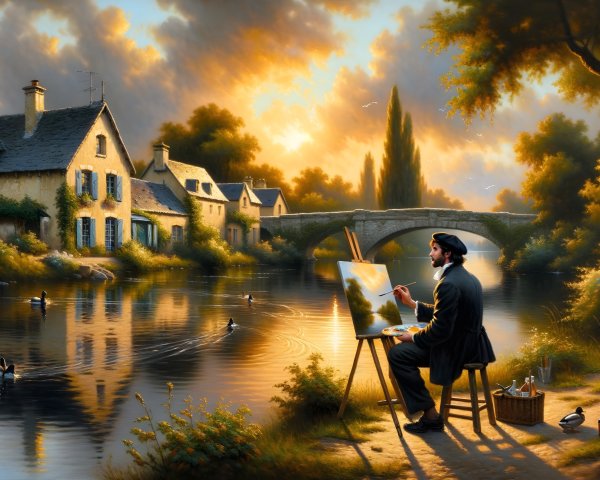 Serene Riverside Scene with Artist at Sunset