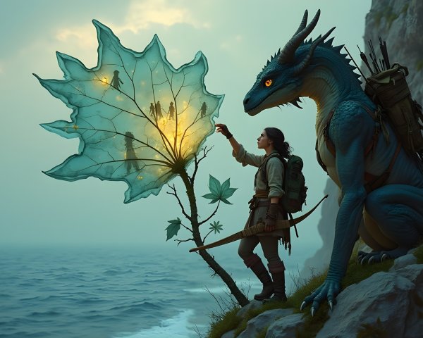 Young Adventurer and Blue Dragon in Mystical Landscape