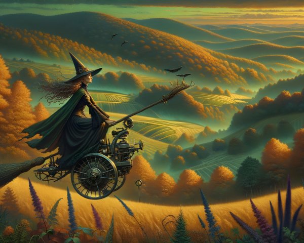 Witch on Steam-Powered Broomstick in Autumn Landscape