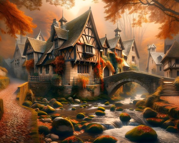 Medieval Village in Autumn with Stream and Bridge