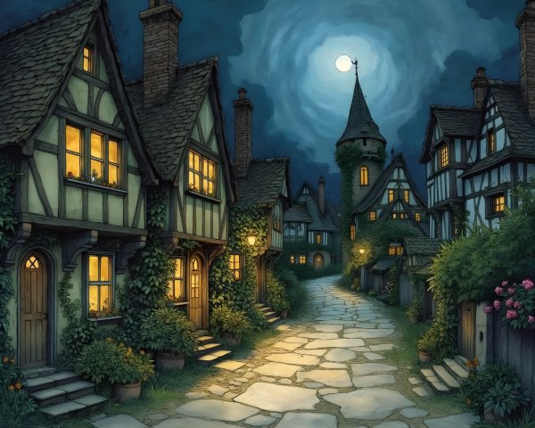 Twilight Village Scene with Timber-Frame Houses