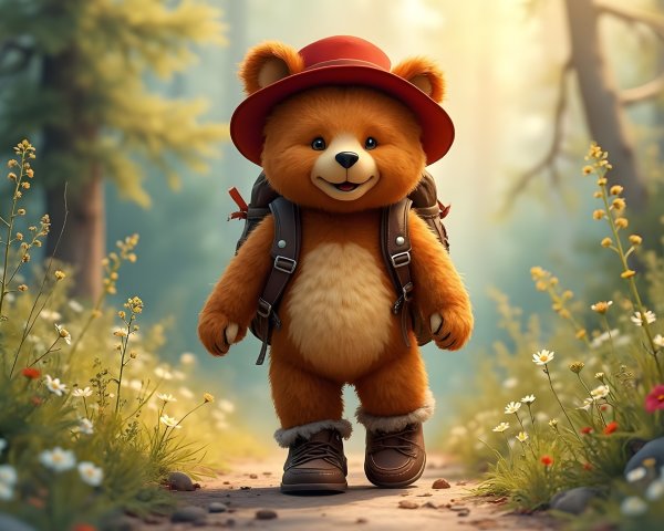 Cheerful cartoon bear on a sunlit forest path