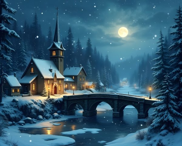 Winter Night Scene with Church and Snowy Landscape