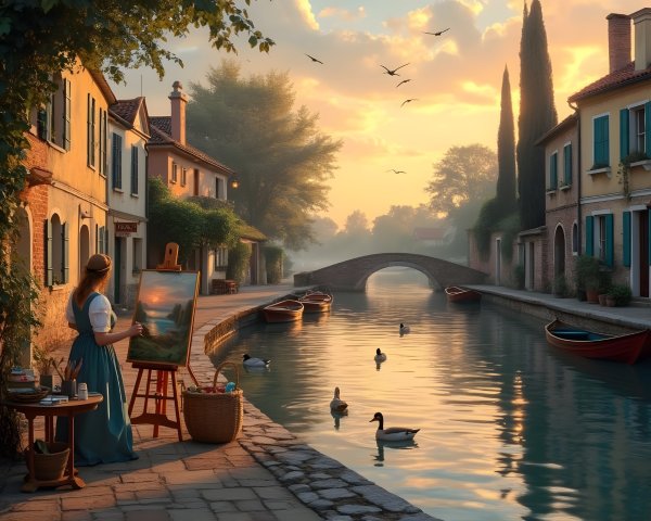 Serene Canal Scene with Young Woman Painting at Sunrise
