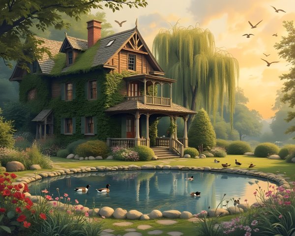 Ivy-Covered House by Serene Pond and Lush Nature