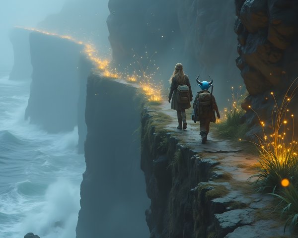 Mystical Landscape with Figures on Rocky Cliff Edge