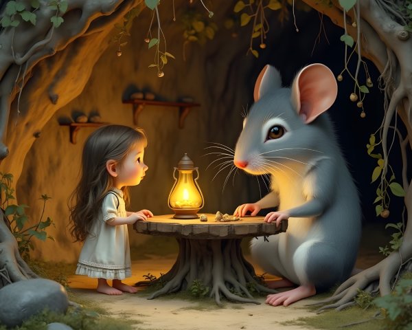 Whimsical Underground Scene with Girl and Friendly Mouse
