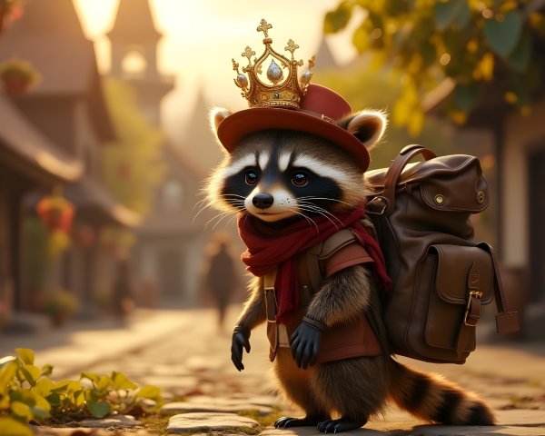 Raccoon in Vest and Scarf in Quaint Village at Sunset