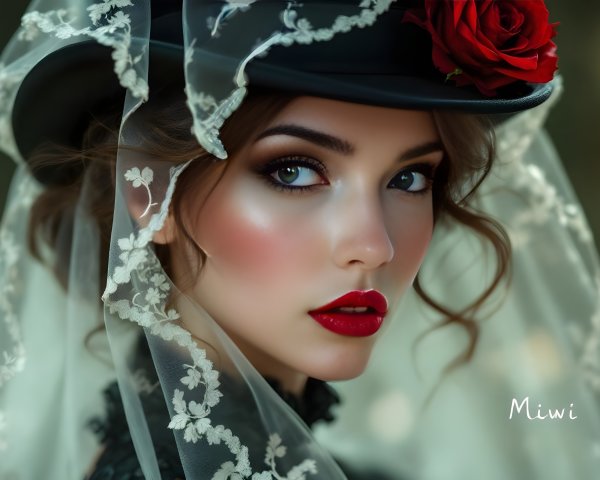 Portrait of a Young Woman in Vintage Hat and Veil