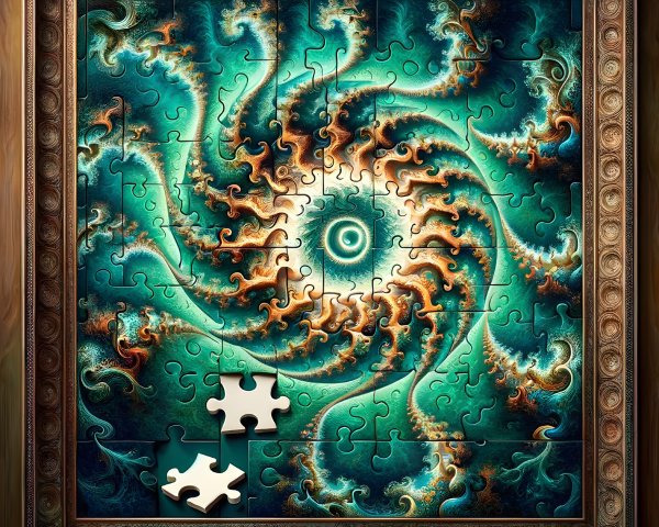 Vibrant Puzzle with Fractal Patterns in Teal and Gold