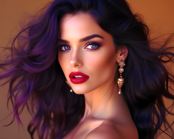 Portrait of a woman with purple highlights and blue eyes