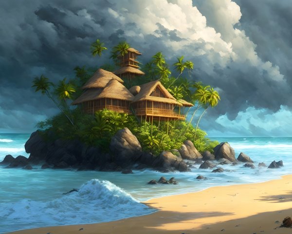 Tropical Island with Thatched Houses and Dramatic Sky