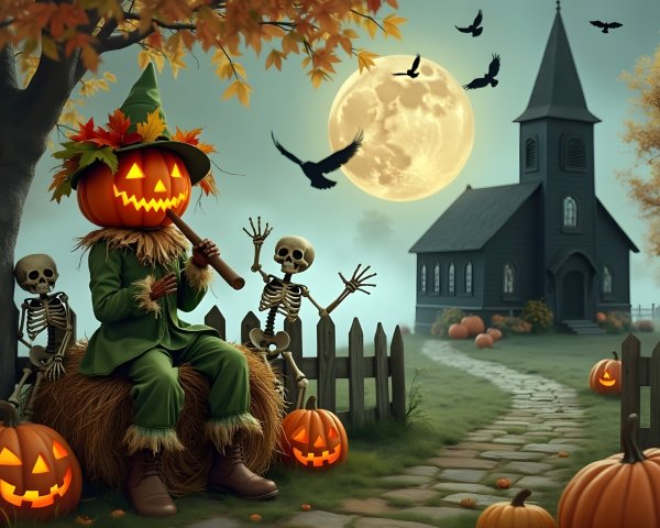Whimsical Halloween Scene with Scarecrow and Skeletons