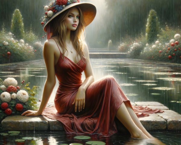 Young Woman in Red Dress by Tranquil Pond