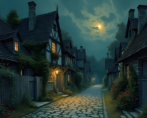 Moonlit Tudor Village with Cobblestone Path and Flowers