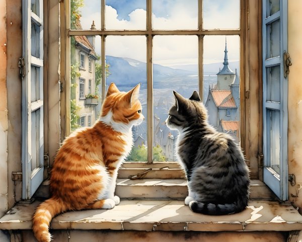 Two Cats on a Windowsill Overlooking Scenic View