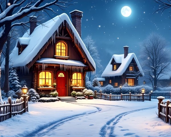 Cozy Cottage in a Serene Winter Night Scene