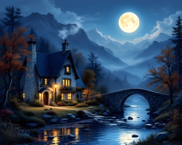 Stone Cottage by River Under Full Moonlight