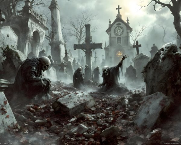Haunting graveyard scene with mist and skeletal figures