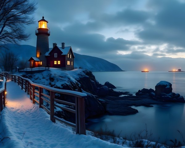 Historic lighthouse in serene winter twilight scene