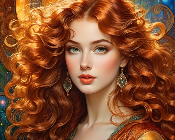 Portrait of a Young Woman with Red Curly Hair and Cosmic Background