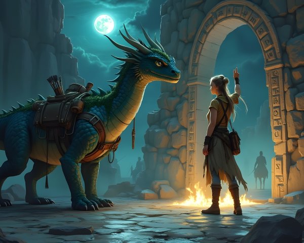 Warrior and Blue Dragon in Mystical Moonlit Ruins