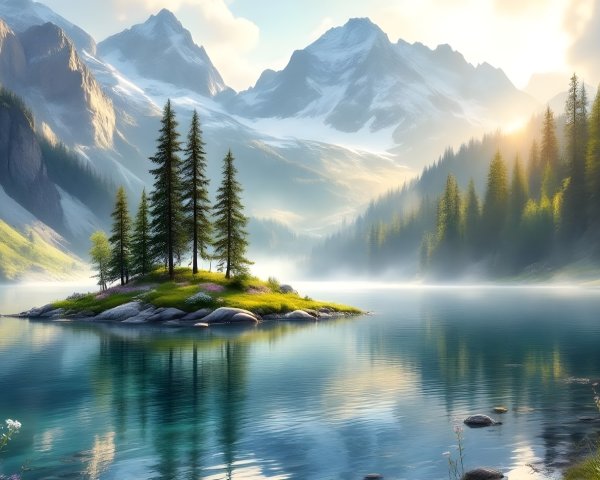 Tranquil Lake Surrounded by Majestic Mountains and Island